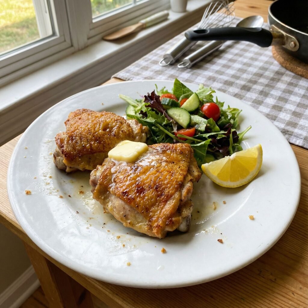 Air Fryer Crispy Chicken Thighs with Garlic Herb Butter serving