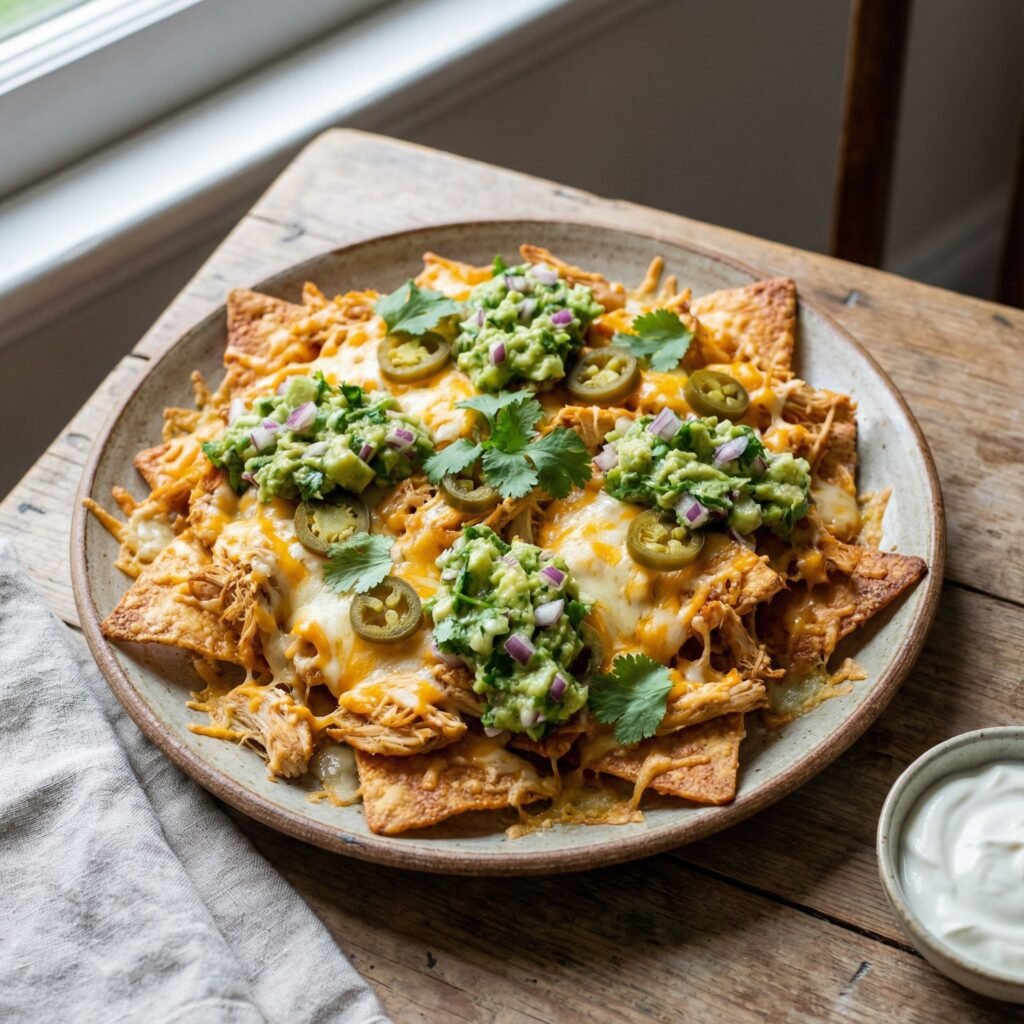 Air Fryer Nachos with Cheesy Chicken and Avocado Salsa (Keto Friendly) serving