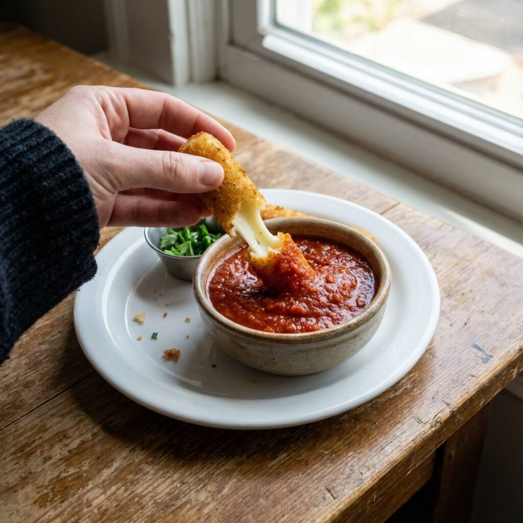 Air Fryer Mozzarella Sticks with Crispy Almond Coating serving