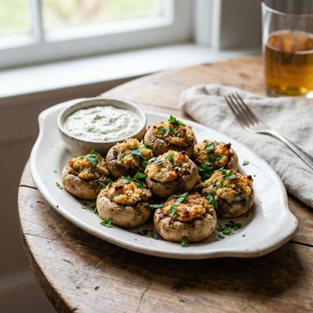 Air Fryer Stuffed Mushrooms with Creamy Garlic Cheese Filling serving