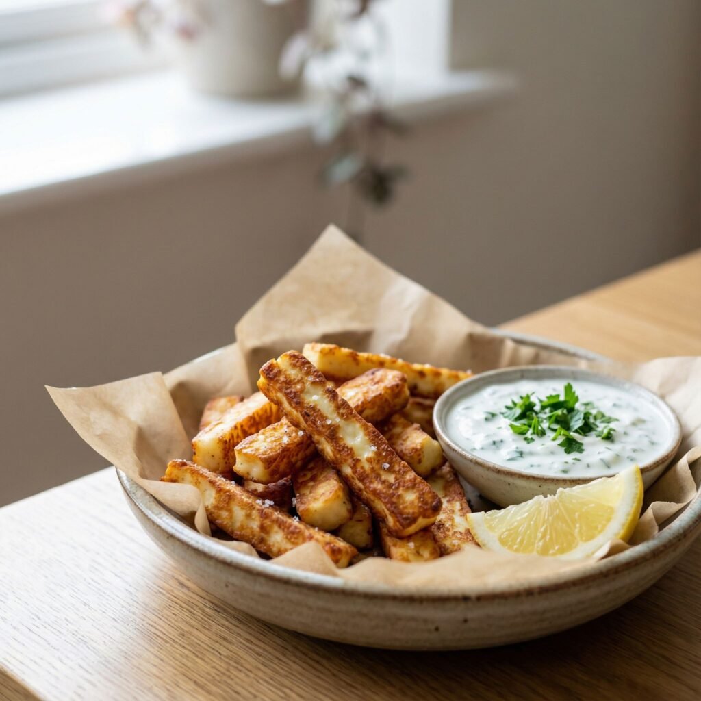 Air Fryer Halloumi Fries with Garlic Herb Dip – Crispy, Low-Carb Snack serving