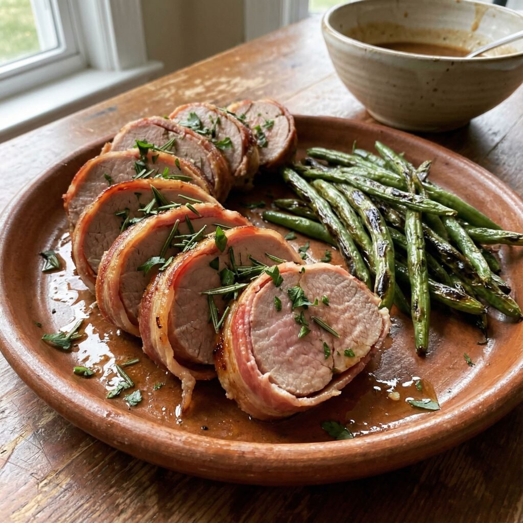 Air Fryer Bacon Wrapped Pork Tenderloin with Garlic Herb Crust serving