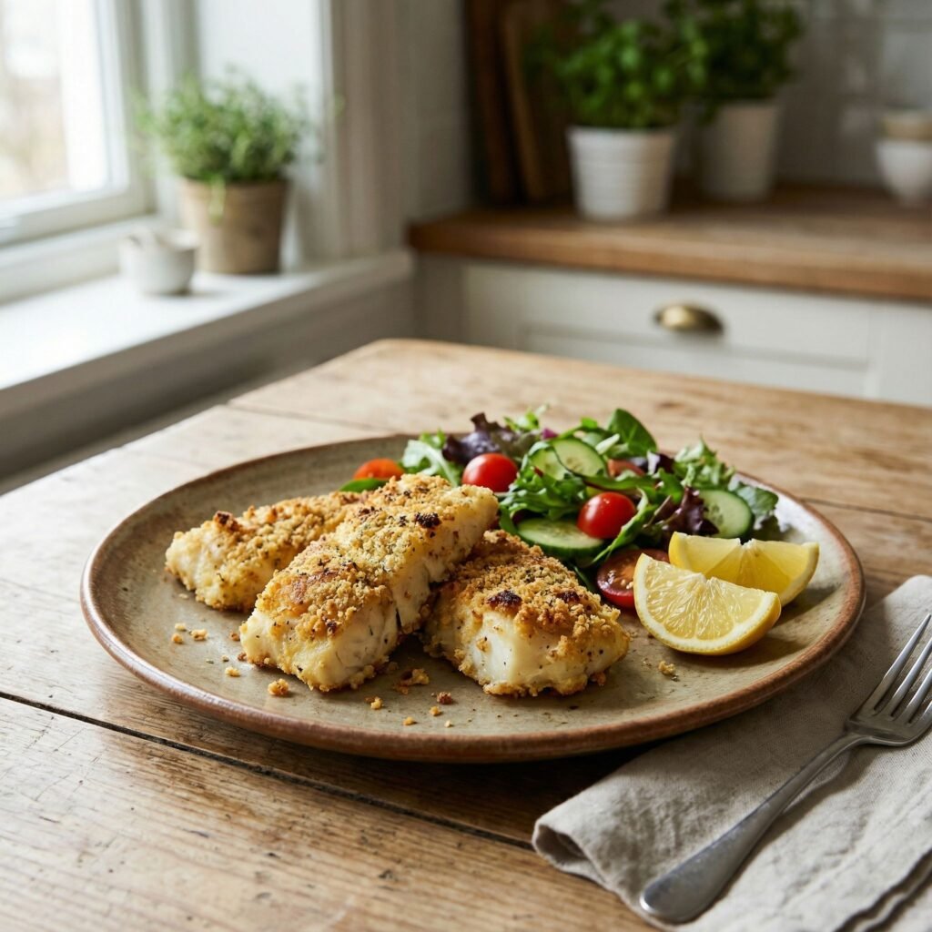Keto Air Fryer Breaded Cod with Crispy Almond Crust serving